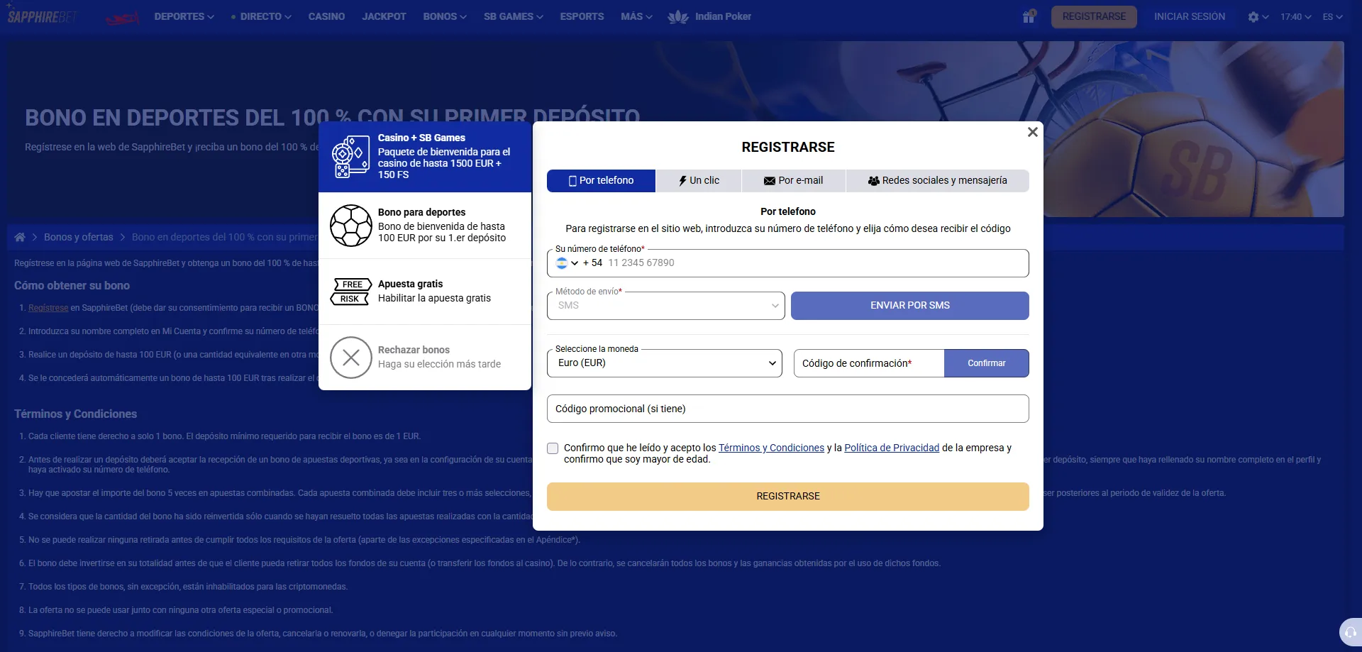 Proceso de registro en SapphireBet Casino para Per&uacute; paso a paso