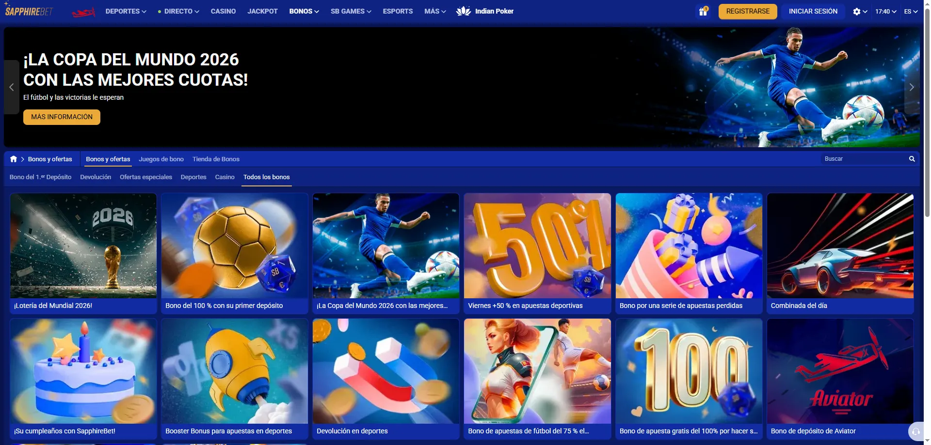 Bono de bienvenida SapphireBet 100% hasta S/ 23,848 m&aacute;s 150 giros gratis