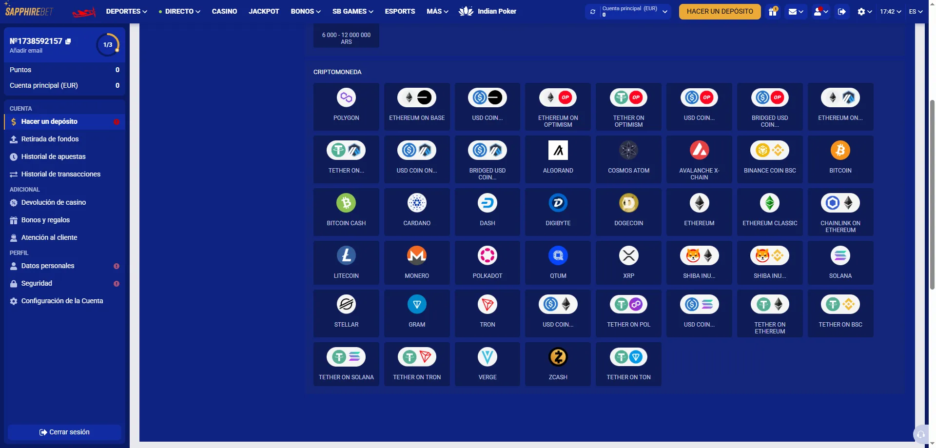 M&eacute;todos de dep&oacute;sito y retiro en SapphireBet Casino para Per&uacute;