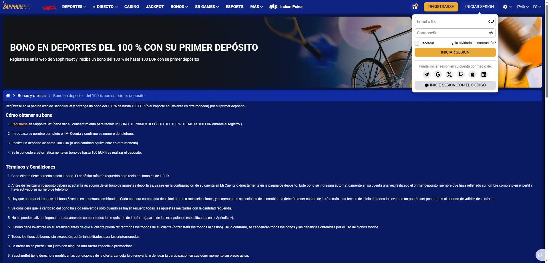 Inicio de sesi&oacute;n en SapphireBet Casino cuenta de jugador Per&uacute;